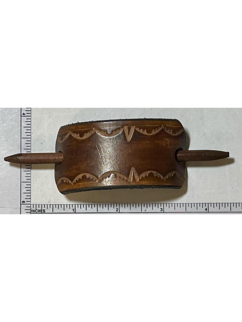 Handmade Brown Leather Hair Barrette with Wooden Stick Unisex Retro